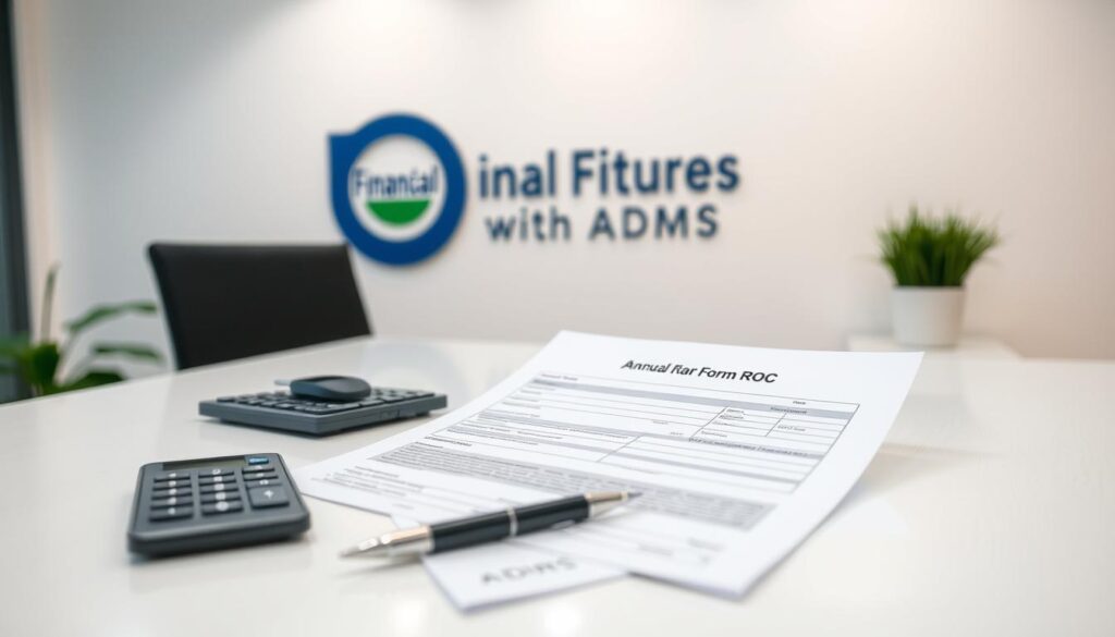 A crisp white office desk, its surface neatly arranged with an Annual Return Form ROC, a pen, and a calculator. In the background, the "Financial Futures with ADMS" brand logo is prominently displayed on the wall, conveying a sense of professionalism and expertise. The lighting is soft and diffused, creating a warm, inviting atmosphere. The camera angle is slightly elevated, giving the viewer a sense of importance and attention to detail. The form itself is the focal point, its pages meticulously organized, ready for the user to fill out the necessary information.