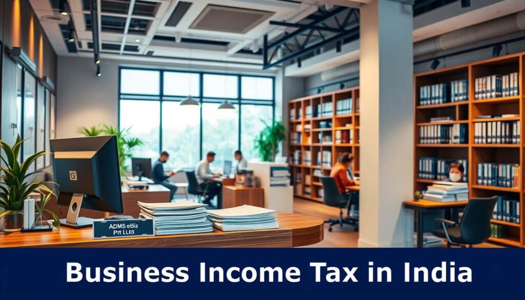A modern, professional office interior with a well-designed reception area. In the foreground, a wooden desk with a computer, stacks of documents, and a nameplate reading "ADMS eBiz Pvt Ltd". Behind it, a team of accountants and tax experts are collaborating at their desks, surrounded by filing cabinets and bookshelves filled with tax-related resources. The lighting is warm and inviting, with large windows allowing natural light to flow in. The overall atmosphere conveys a sense of expertise, efficiency, and trustworthiness, fitting the "Business Income Tax in India" subject matter.