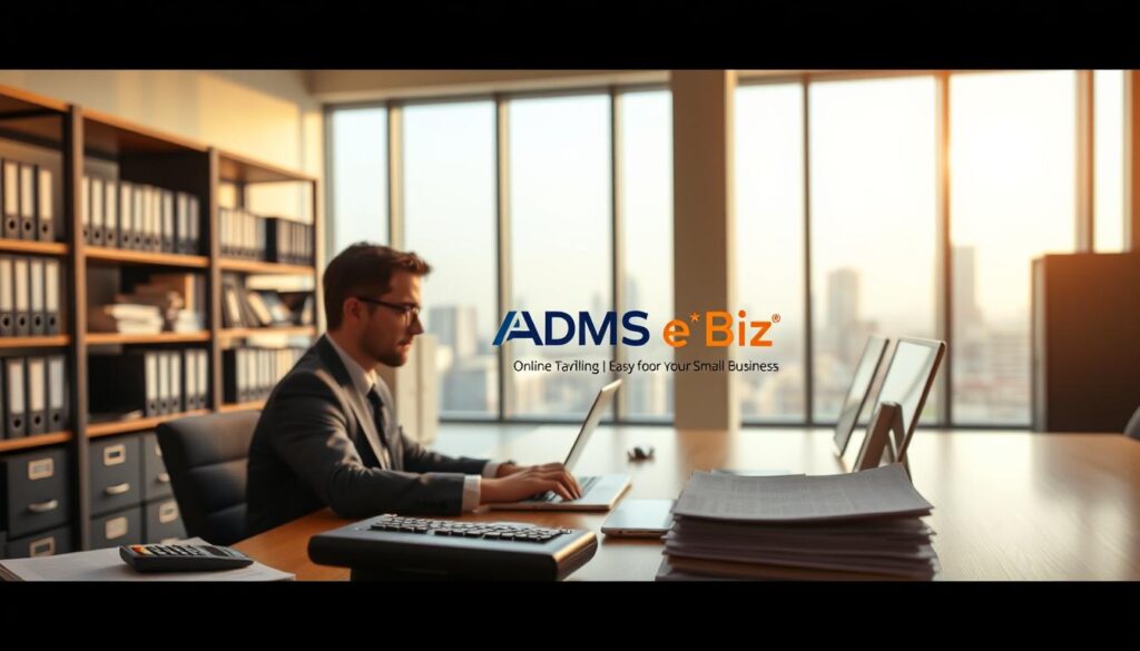 A modern, well-lit office interior. In the foreground, a desk with a laptop, calculator, and stack of documents. An accountant in a suit is seated at the desk, focused on the laptop screen as they navigate an online tax filing application. The middle ground shows shelves of binders and filing cabinets, indicating a professional accounting environment. The background features a large window overlooking a cityscape, with warm, natural lighting flooding the scene. The logo "ADMS eBiz Pvt Ltd" is prominently displayed on the laptop screen. The overall atmosphere conveys efficiency, expertise, and the ease of online tax filing for a small business.