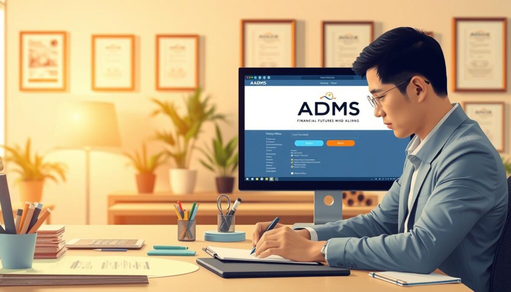 Annual Return Form ROC Filing Process - A detailed step-by-step illustration showcasing the Financial Futures with ADMS Annual Return Form ROC filing workflow. In the foreground, a professional accountant meticulously filling out the form, surrounded by a neatly organized workspace with office supplies. In the middle ground, a computer screen displaying the online filing portal, with the ADMS logo prominently displayed. The background features a warm, inviting office environment with potted plants and framed certificates, conveying a sense of professionalism and expertise. Soft, diffused lighting creates a productive and focused atmosphere. Captured with a high-resolution camera, this image aims to clearly demonstrate the annual return filing process in a visually engaging and informative manner.
