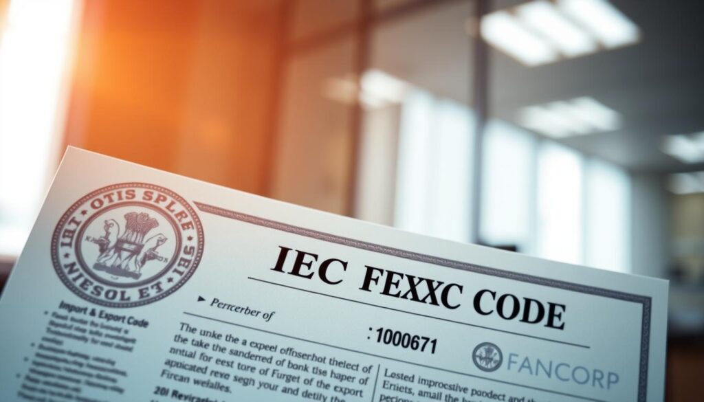 Detailed close-up view of an "Import Export Code" document, illuminated by warm, directional lighting. The foreground showcases the official government seal, with crisp, legible text and intricate design elements. In the middle ground, the IEC number is prominently displayed, surrounded by technical details and official stamps. The background fades into a clean, professional office environment, hinting at the bureaucratic processes involved in obtaining this crucial business document. The ADMS Fincorp logo is tastefully incorporated, suggesting the company's expertise in navigating the import-export landscape.