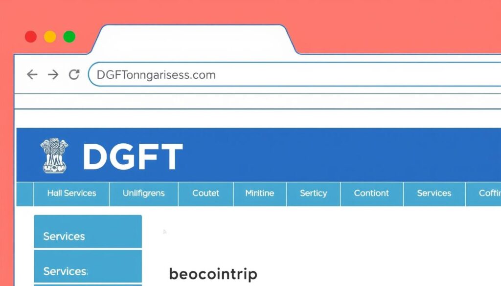 Image of the DGFT website homepage with a highlighted 'Services' tab.